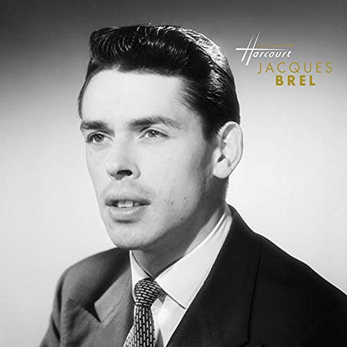 Black and white portrait of Jacques Brel with "Harcourt" text.