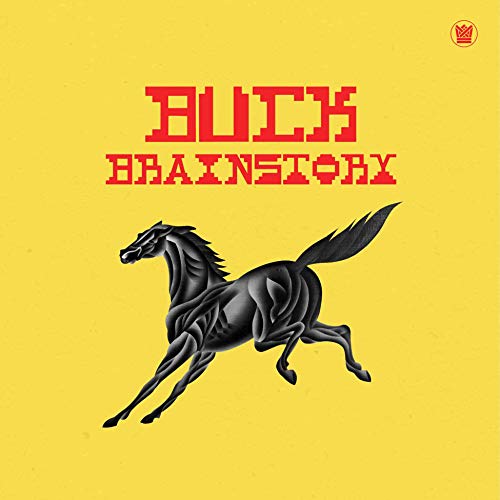 Yellow album cover featuring a black horse and red pixelated text.