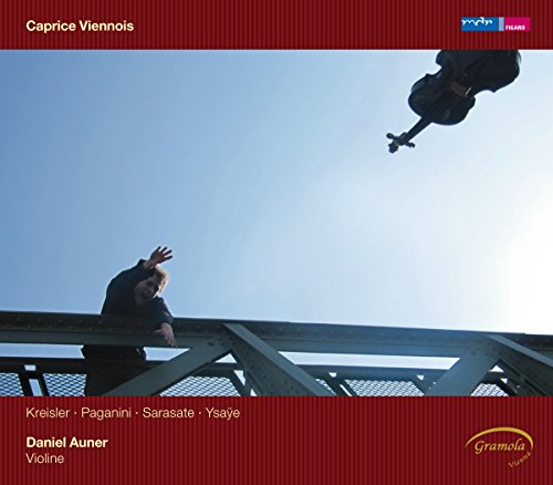 CD cover: violinist, bridge, and abstract blue sky background.