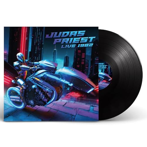 Judas Priest “Live 1982” vinyl record with futuristic motorcycle cover art.