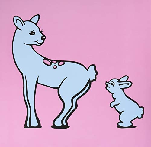 Blue deer and small rabbit illustration on a pink background.