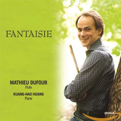 CD cover featuring flutist Mathieu Dufour with green and white background.