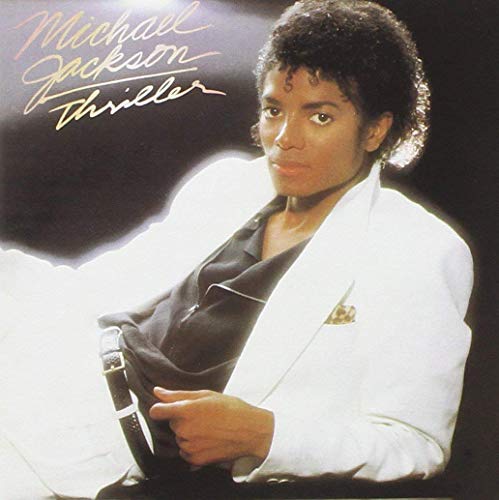 Michael Jackson’s “Thriller” album cover featuring a portrait of the artist.