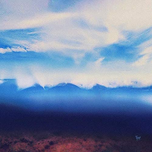 Painted landscape of mountains under a cloudy blue sky, small dog.