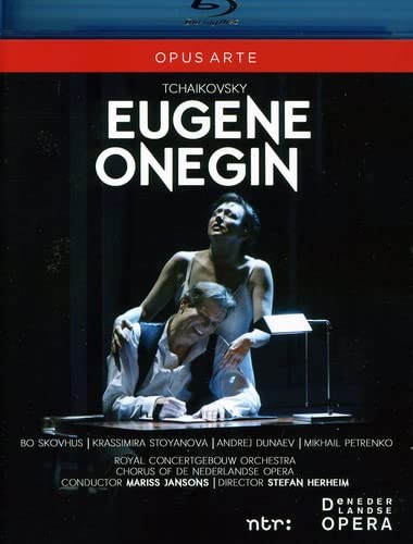 Blu-ray cover for Tchaikovsky’s “Eugene Onegin” opera featuring two performers.