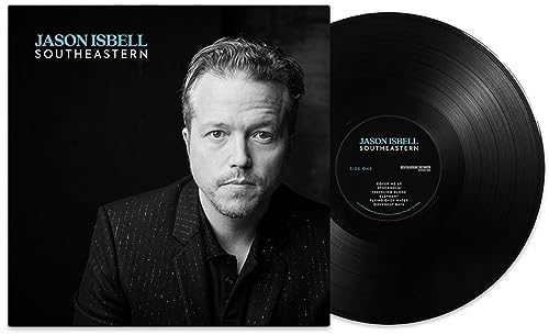 Black and white album cover featuring Jason Isbell next to a black vinyl record.