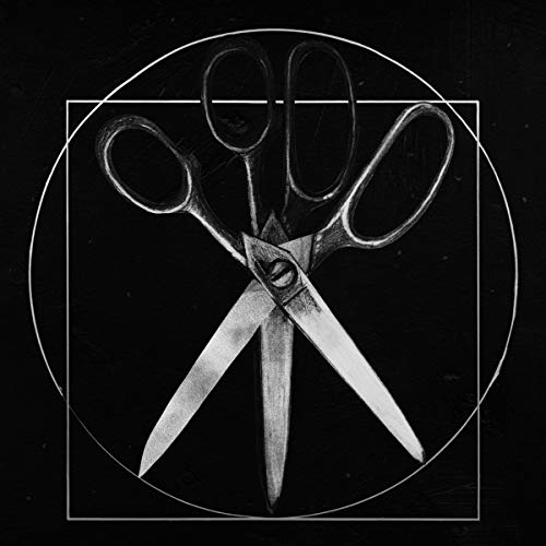 Black and white image of crossed scissors within geometric shapes.