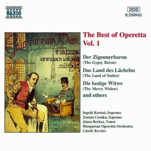 CD cover featuring an illustration of two men with text listing operetta titles and performers.