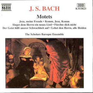 CD cover for Bach's Motets featuring a Baroque painting of a gathering.