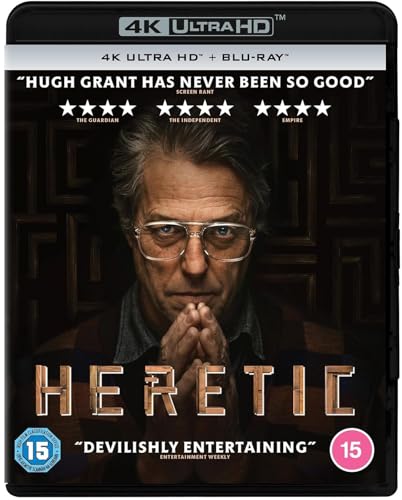 4K Ultra HD Blu-Cray cover for Heretic featuring Hugh Grant wearing glasses.