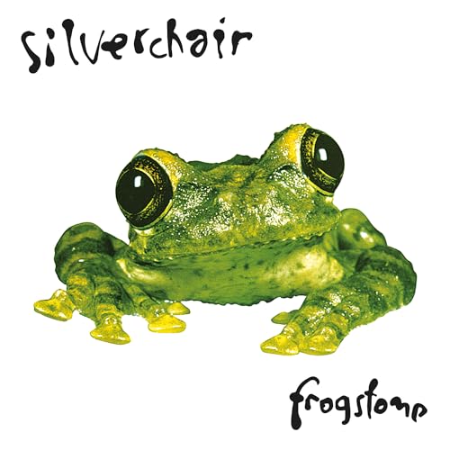 Green frog with large black eyes on white background, text reads silverchair frogstomp.