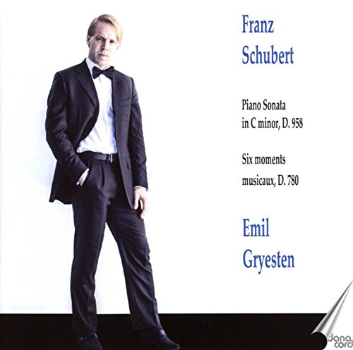 CD cover featuring pianist Emil Gryesten in a tuxedo, text details Schubert’s music.