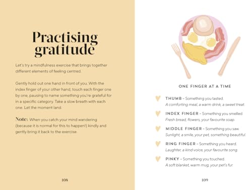 Open book page with text about gratitude and an illustration of breakfast.