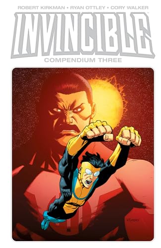 Comic book cover: Invincible flying before a large, stern figure.