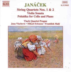 CD cover for Janáček string quartets featuring a folk painting of harvesters.