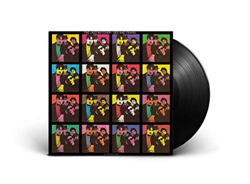 Vinyl record of "Sex and Travel" by The Jazz Butcher, colorful cover art.