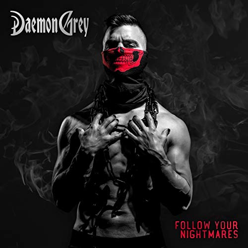 Shirtless man with red skull mask and chains on album cover with smoke background.