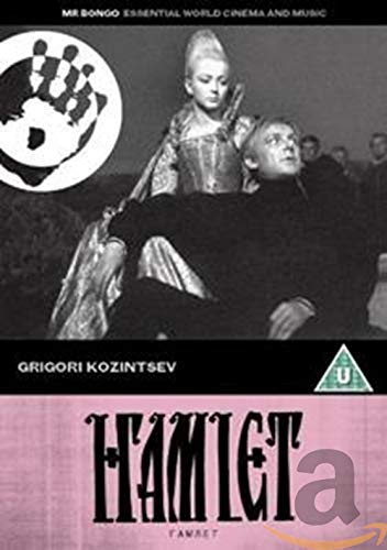 Black and white DVD cover for Grigori Kozintsev's Hamlet featuring a man and woman.