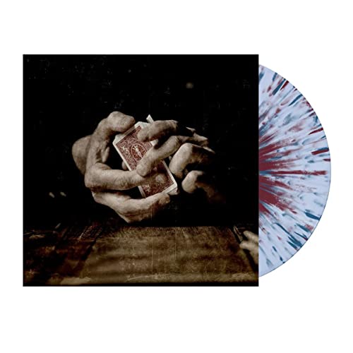 Vinyl record cover featuring a hand holding playing cards, speckled vinyl edge.
