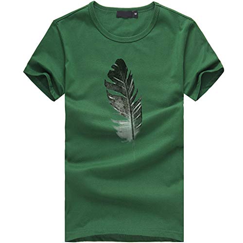 Dark green t-shirt with a black and grey feather graphic centered on the chest.