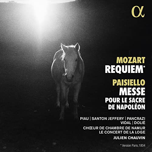 CD cover featuring a white horse, text listing Mozart and Paisiello works.