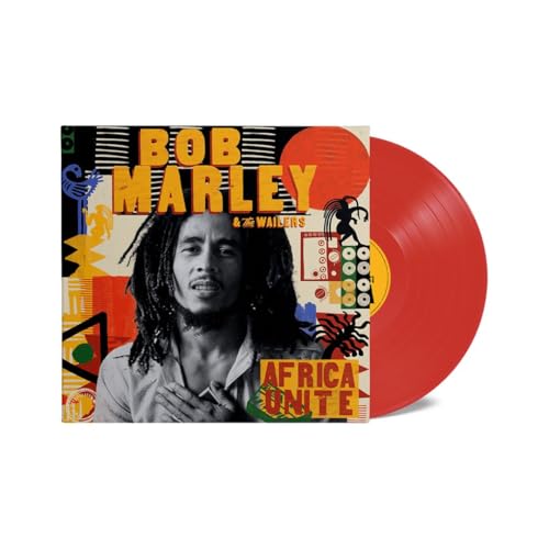 Bob Marley album cover and red vinyl record shown at angle.