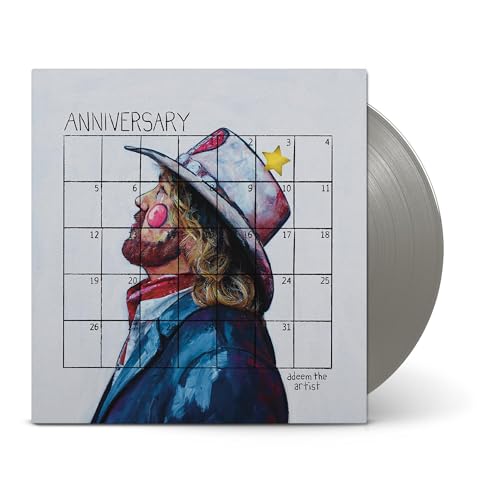 Vinyl record of “Anniversary” by Adeem the Artist, featuring illustrated calendar art.