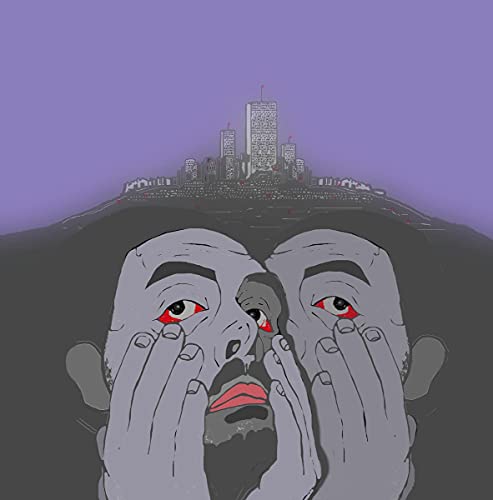 CD cover: face with red eyes, city skyline on a hill.