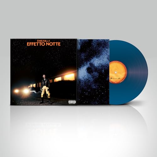 Blue vinyl record and cover art featuring a person near train tracks.
