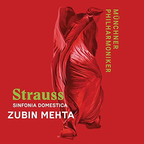 Red abstract fabric against a red background with text: Strauss, Zubin Mehta.