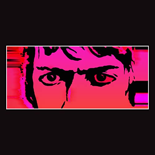 Close-up of a man’s face in pink and black, distorted effect.