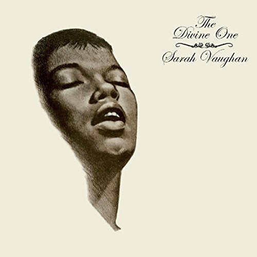 Sepia-toned portrait of Sarah Vaughan, eyes closed, singing.