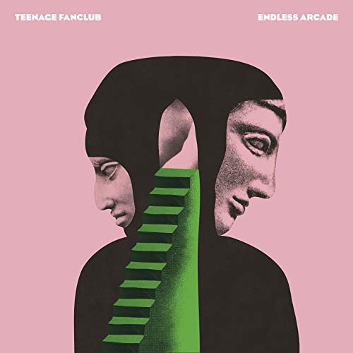 Album cover: face in black hood, green stairs, pink background.