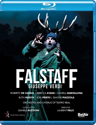 Blu-ray cover for Verdi’s *Falstaff* opera, featuring a man with antlers.
