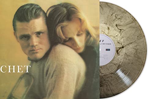 Chet Baker album cover and grey marble vinyl record shown.