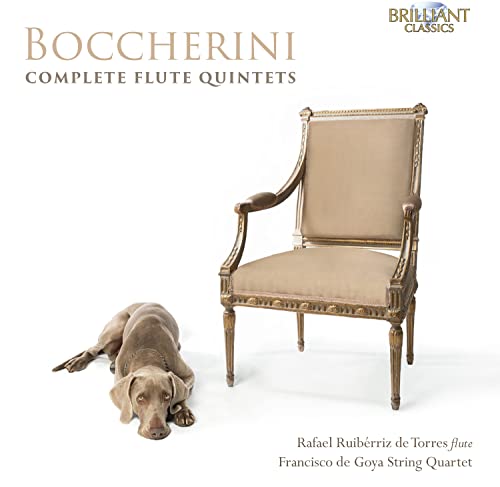 CD cover: antique chair, dog, and text “Boccherini: Complete Flute Quintets”.