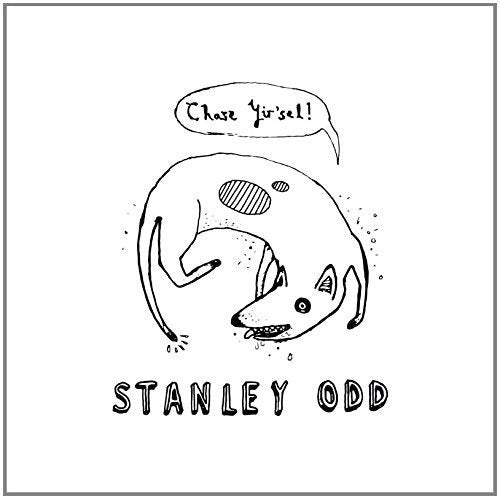 Black and white sketch of a dog stretching, with text "Chase Yirsel" and "Stanley Odd".