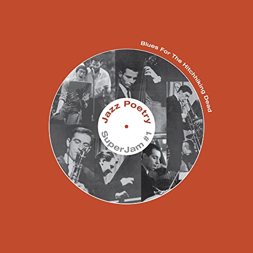 Circular album cover with black and white jazz musician photos on red background.