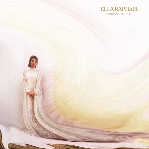 Woman in long dress amidst swirling, abstract pastel colors.