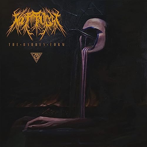 Dark album cover with distorted text, a face, and dripping form.