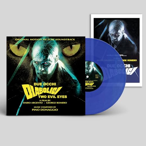 Blue vinyl record with cover art featuring glowing eyes and a man’s face.