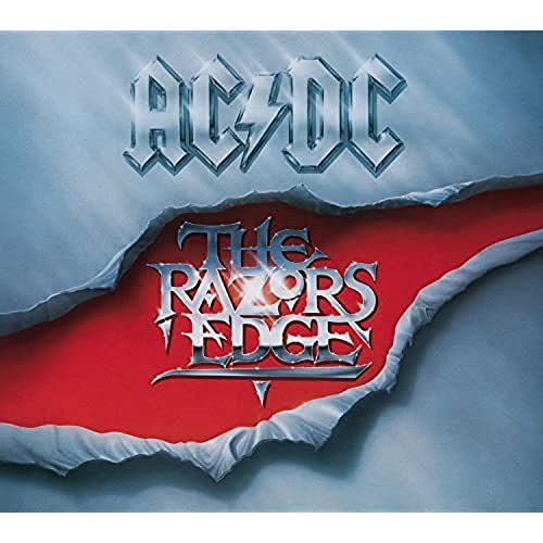 AC/DC’s “The Razor’s Edge” album cover with red and silver torn paper.