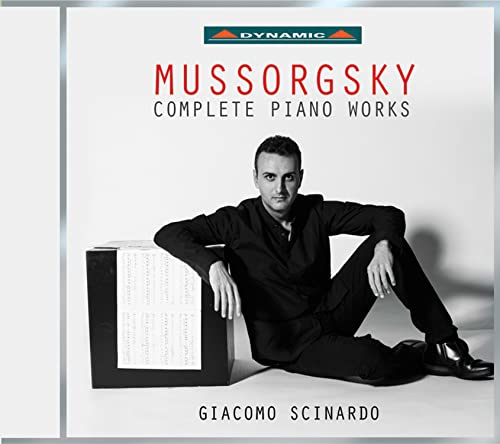 CD cover: pianist Giacomo Scinardo, sheet music, and “Mussorgsky: Complete Piano Works.”