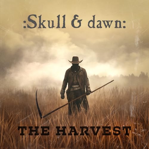 Figure with scythe stands in a wheat field at dawn.