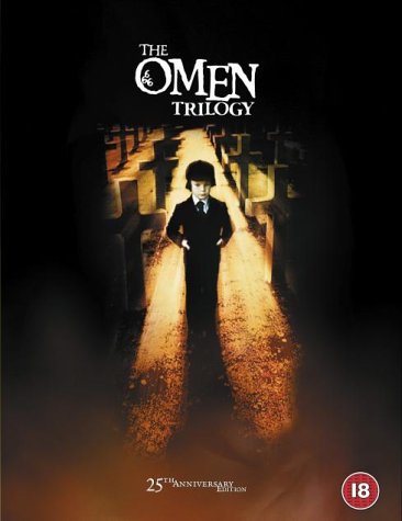 DVD cover for "The Omen Trilogy" featuring a boy in a graveyard.