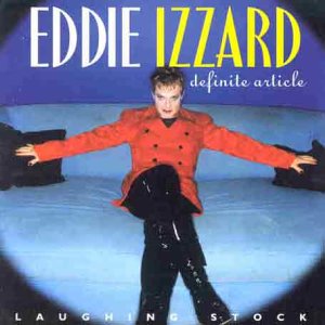 Eddie Izzard in red jacket on album cover, blue and black background.