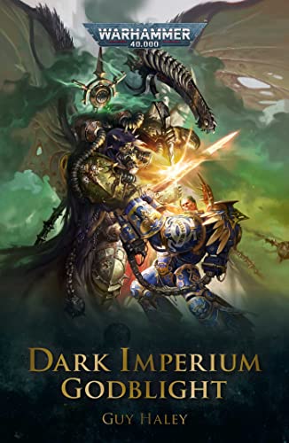 A blue armored warrior battles a green winged monster on this Warhammer 40,000 book cover.