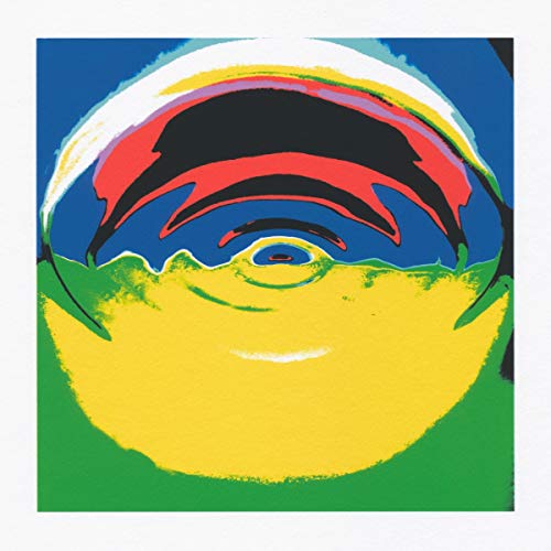 Colorful abstract face with a central eye, resembling a vinyl record cover.