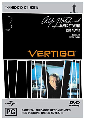 DVD cover for Alfred Hitchcock’s “Vertigo” featuring a spiral and man’s face.