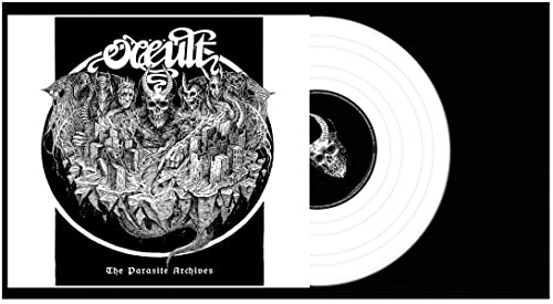 Black and white vinyl record with detailed, dark artwork of demonic figures.